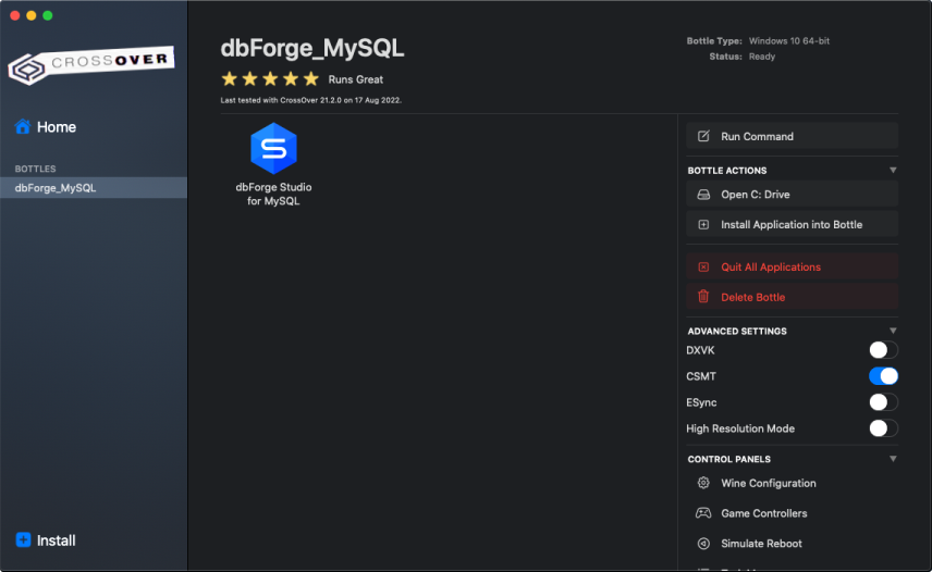 dbForge Studio for MySQL installed in the bottle