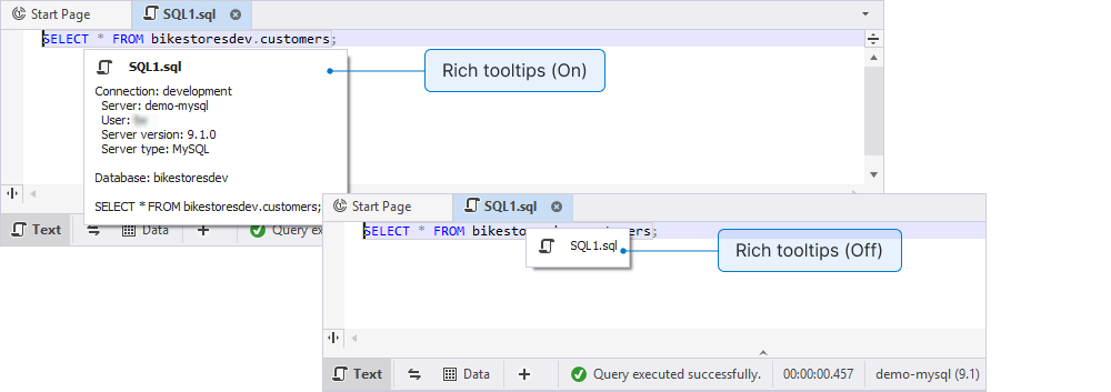 Tooltip with the enabled and disabled Display rich tooltips for documents option