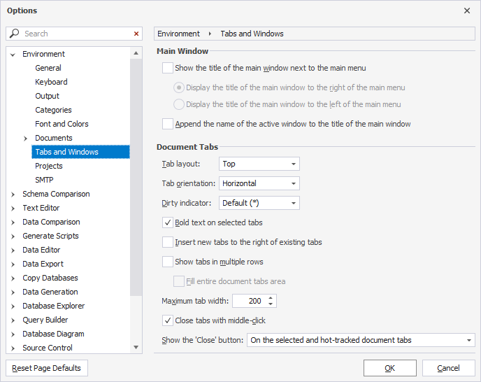 Configure tabs and windows settings