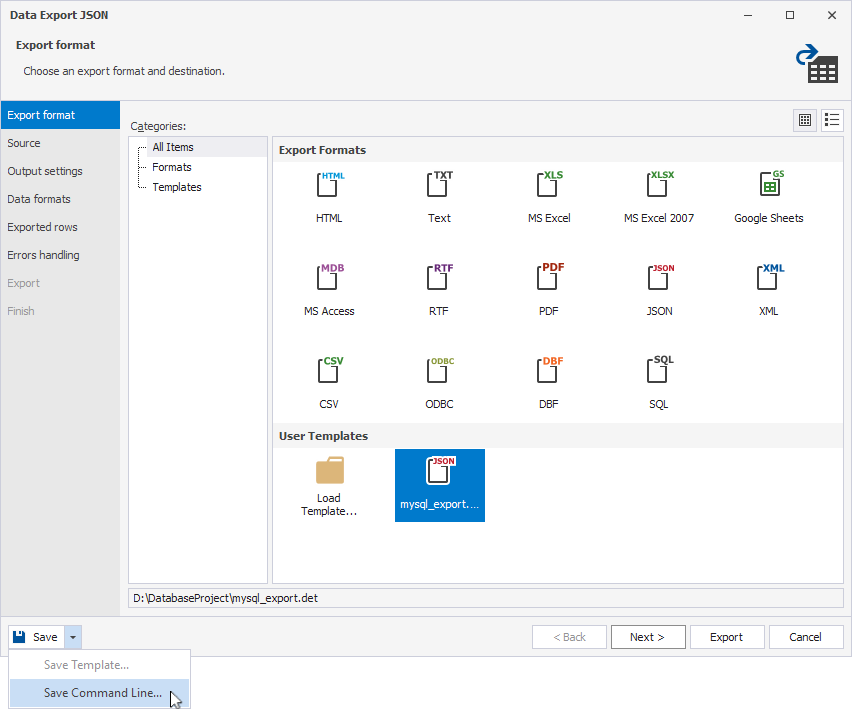 The Export format page of the Data Export wizard with the Save Command Line option highlighted.