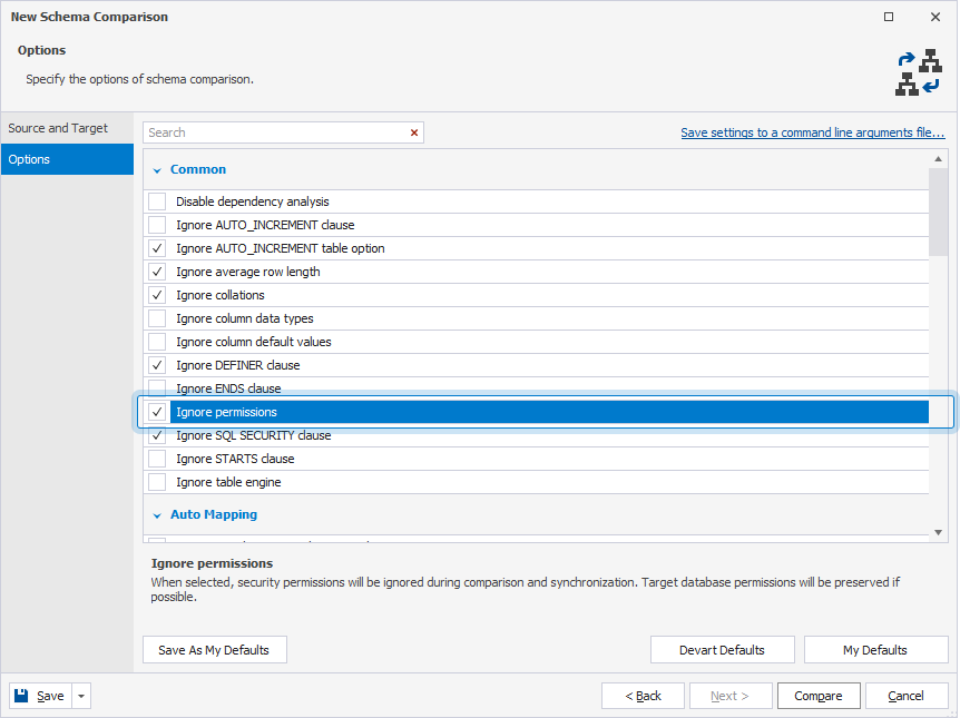 Selected ignore options on the Options page of the New Schema Comparison wizard