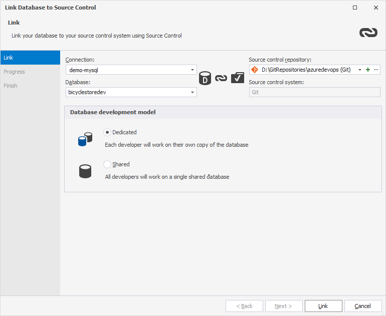 Link a database to source control