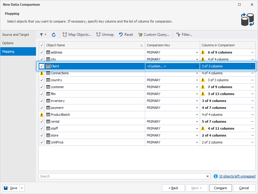 View the mapped Client table on the Mapping page