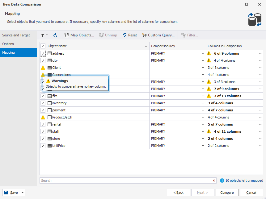Warning message: Objects to compare have no key column