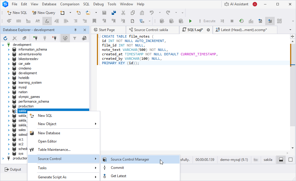 Opening Source Control Manager for the sakila database