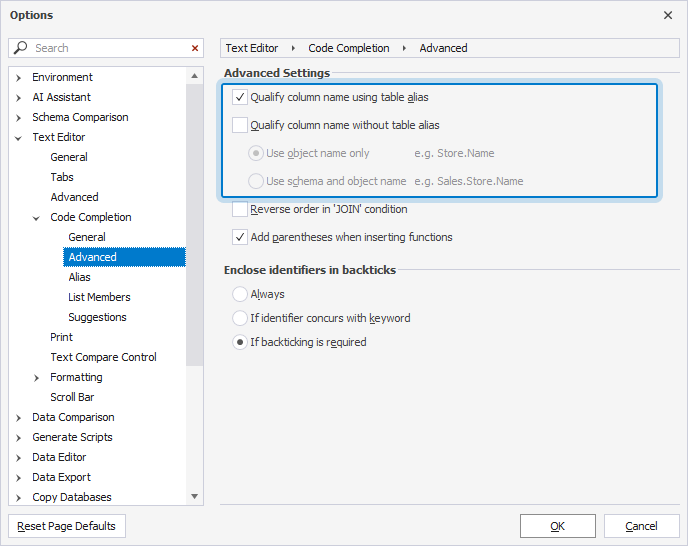 View the options in the Options dialog