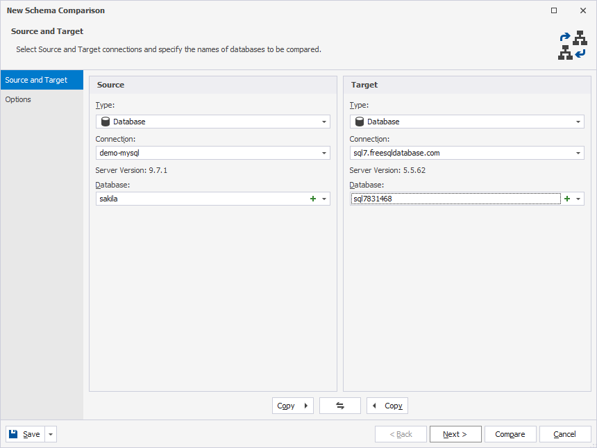 Run the schema comparison between a MySQL database and a FreeSQL database