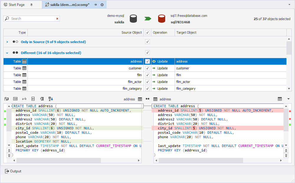View the schema comparison results in the schema comparison document