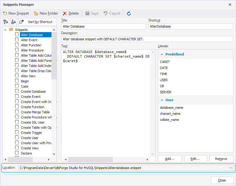 Select a folder in Snippets Manager