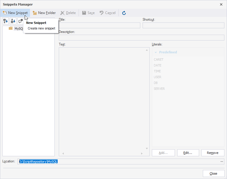 Select New Snippet on the Snippets Manager toolbar