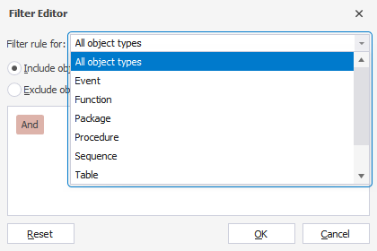 Available object types for which you want to create or update a filter
