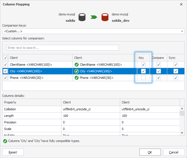 Select comparison keys for multiple columns