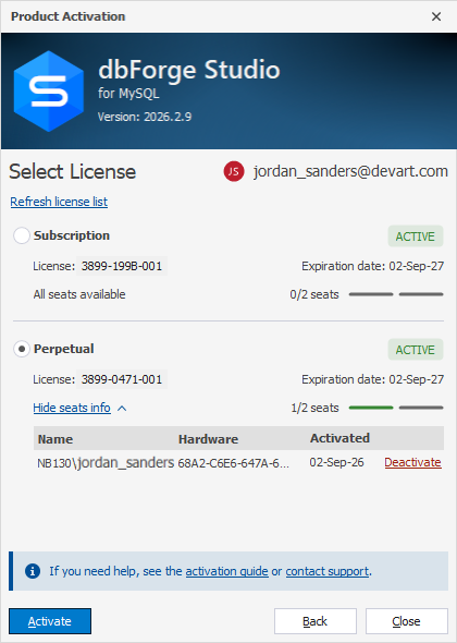The Product Activation dialog - Multiple licenses