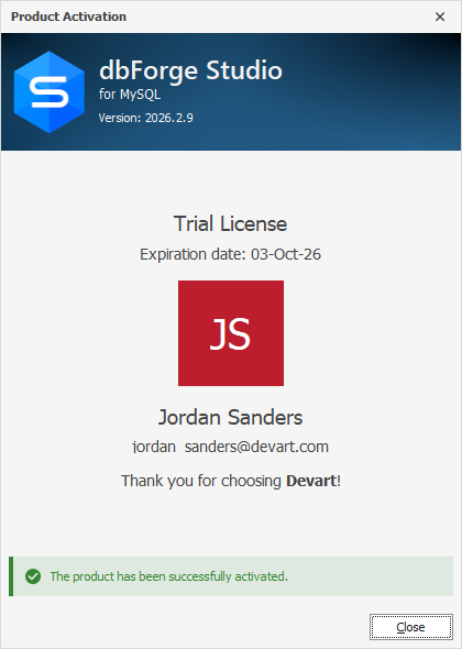 The Product Activation dialog - Successful activation of a trial license