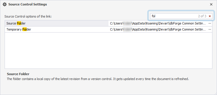 Search for options in the Source Control Settings dialog