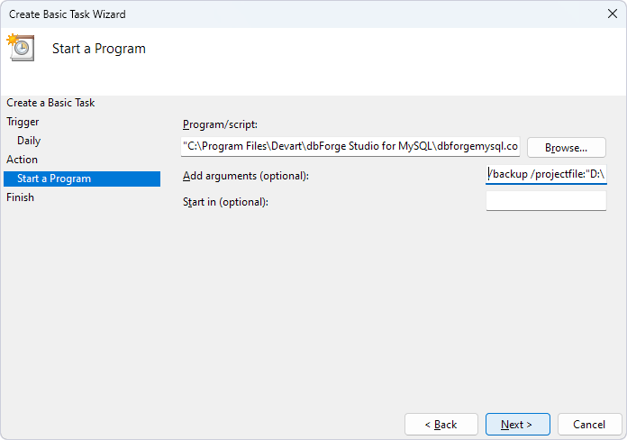 The Start a Program page of the Create Basic Task Wizard with the program and arguments specified.