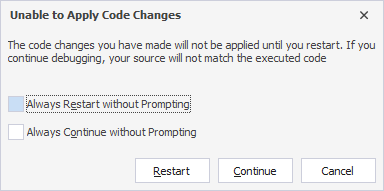 Unable to Apply Code Changes dialog