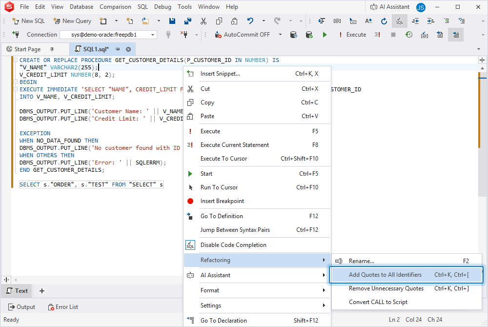 Before: Add quotes to all identifiers in the query