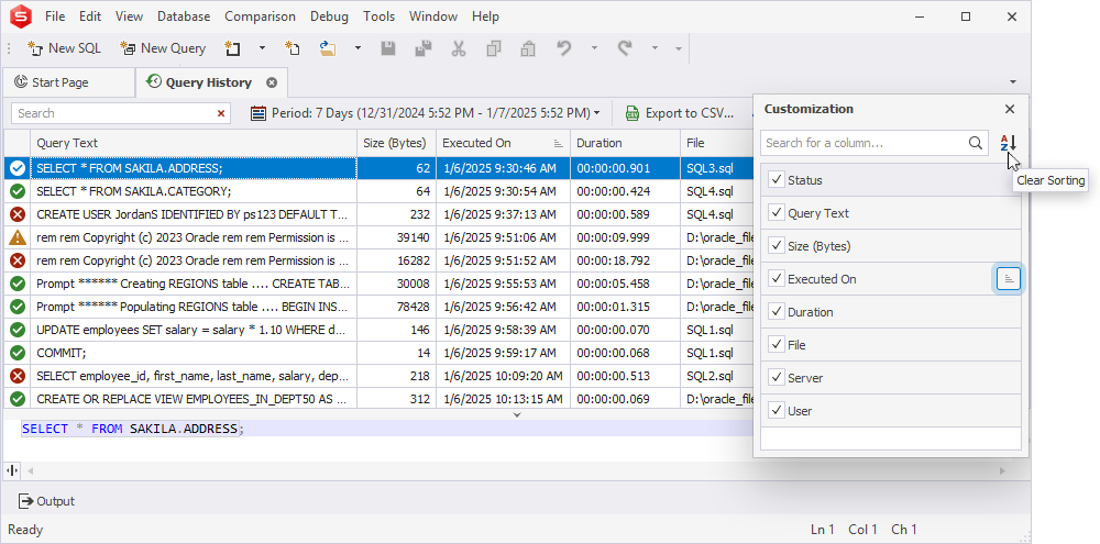 Customization window - sort by column
