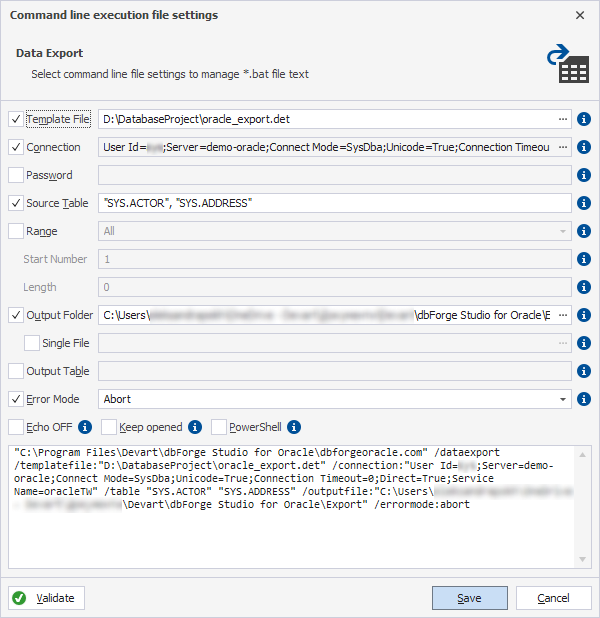 The Command line execution file settings dialog.