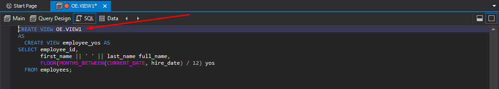 Viewing the CREATE VIEW query in the SQL tab