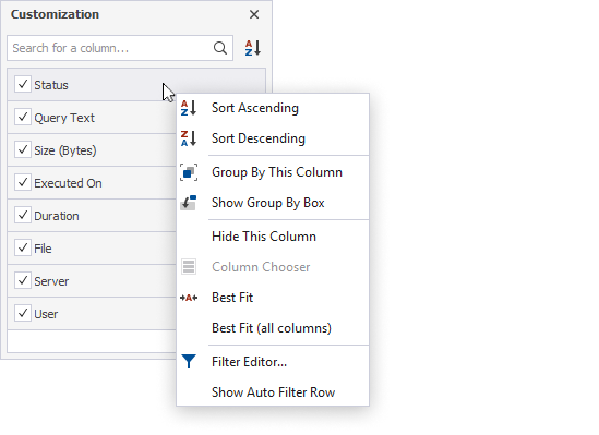 Customization window - shortcut menu