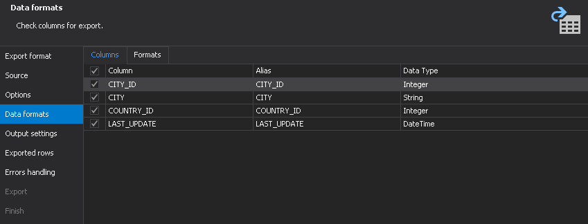 Export data formats tab