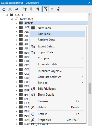 Database Explorer menu