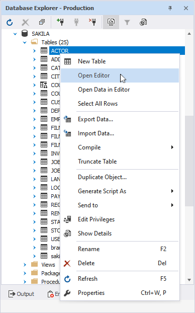 Database Explorer menu