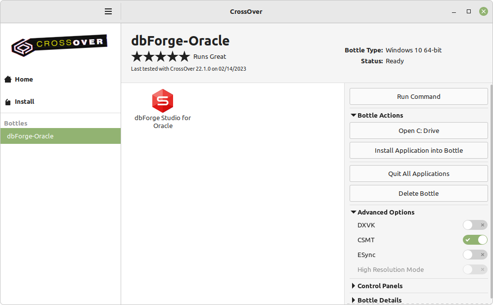 dbForge Studio for Oracle installed in the bottle
