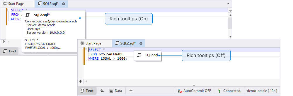 Tooltip with the enabled and disabled Display rich tooltips for documents option