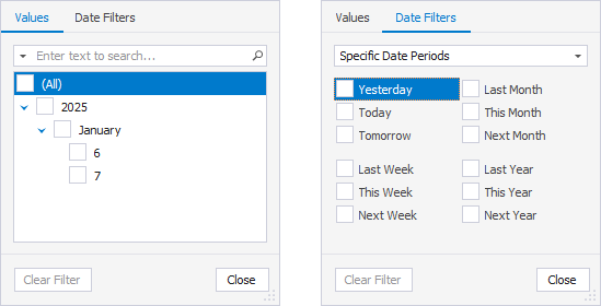 SQL Query History column filters