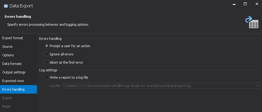 Export errors handling