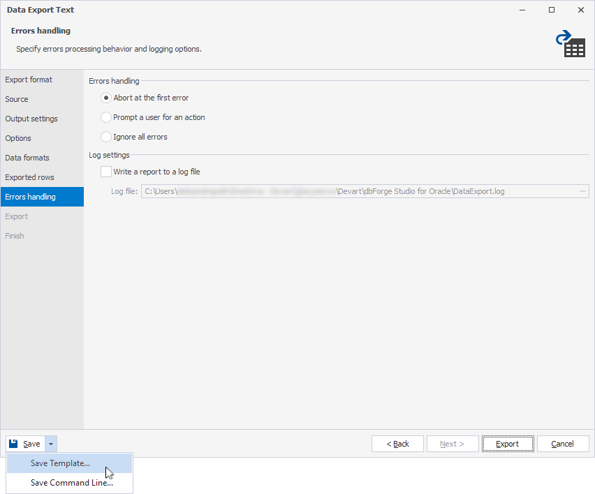The Errors handling page of the Data Export wizard with the Save Template option highlighted.