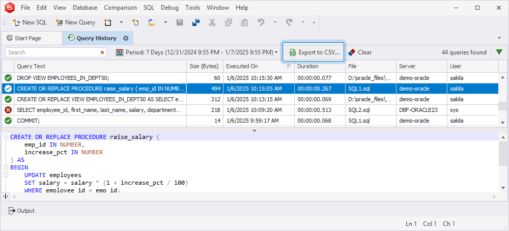 Export query history to a .csv file