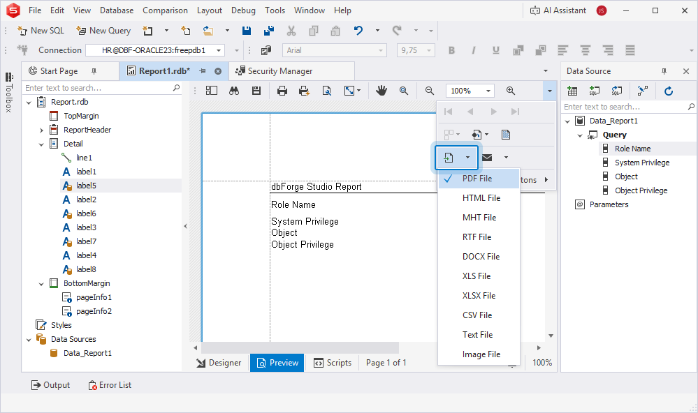 Export the report to a file