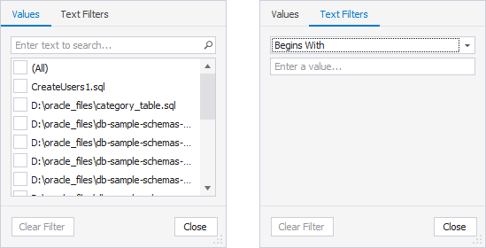 SQL Query History column filters - File