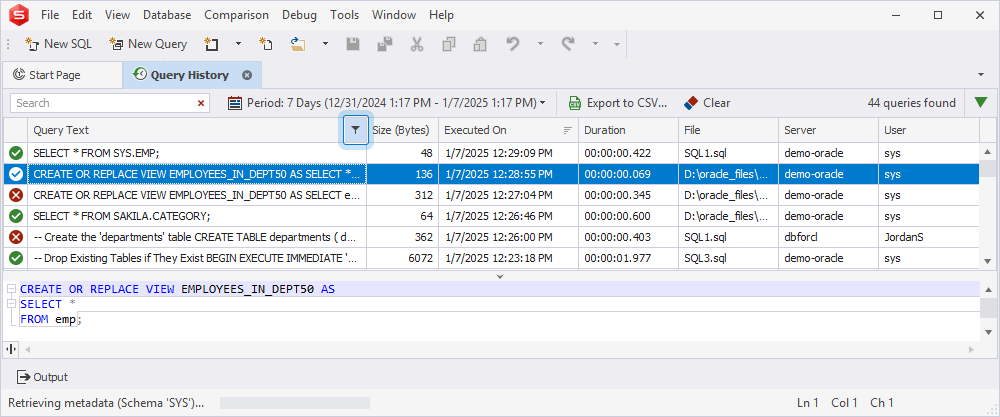 SQL Query History column filters