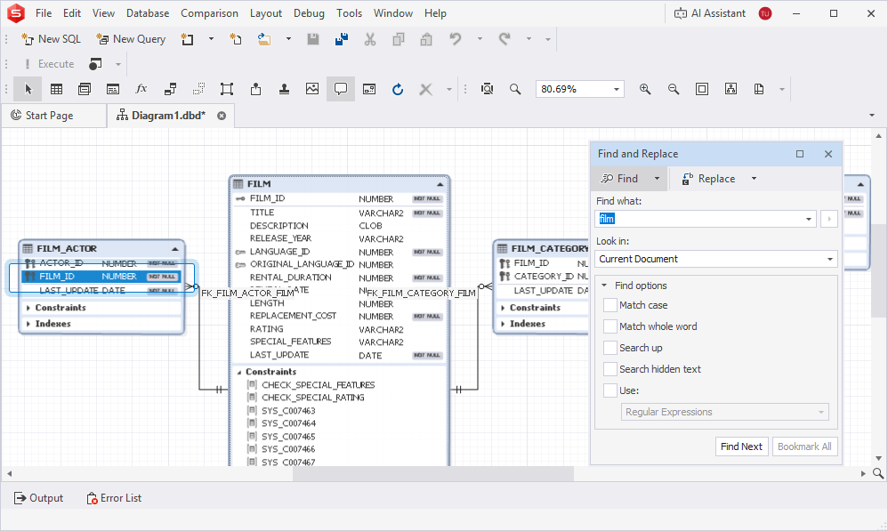 Search for objects and text in Database Diagram