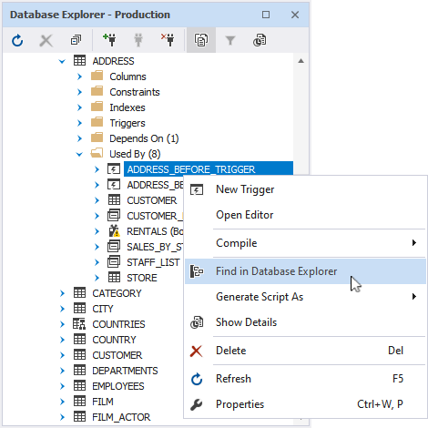 Find in Database Explorer