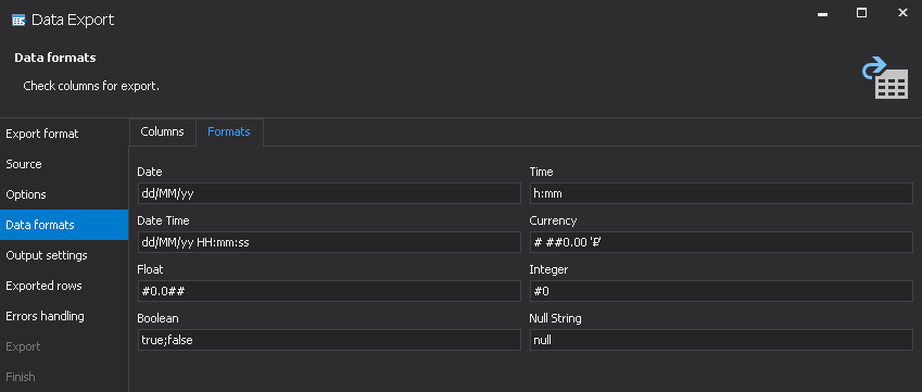 Export data formats tab