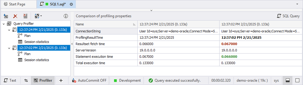 Compare profiling properties