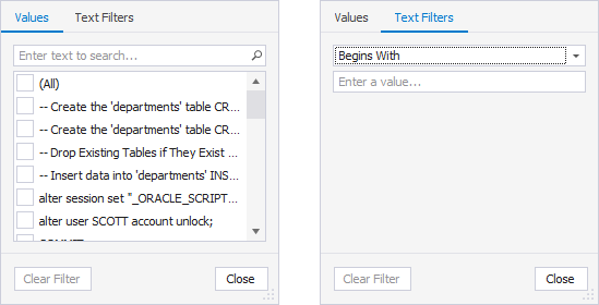 SQL Query History column filters