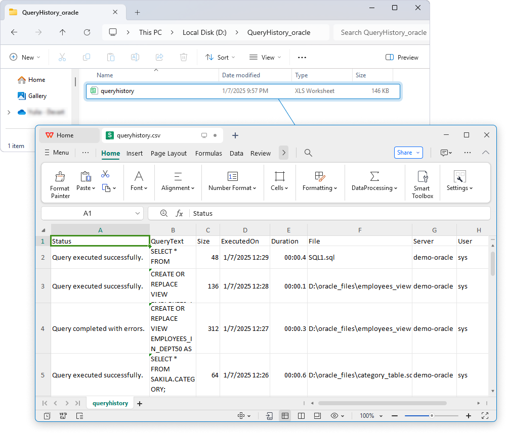 Result - .csv file with query history
