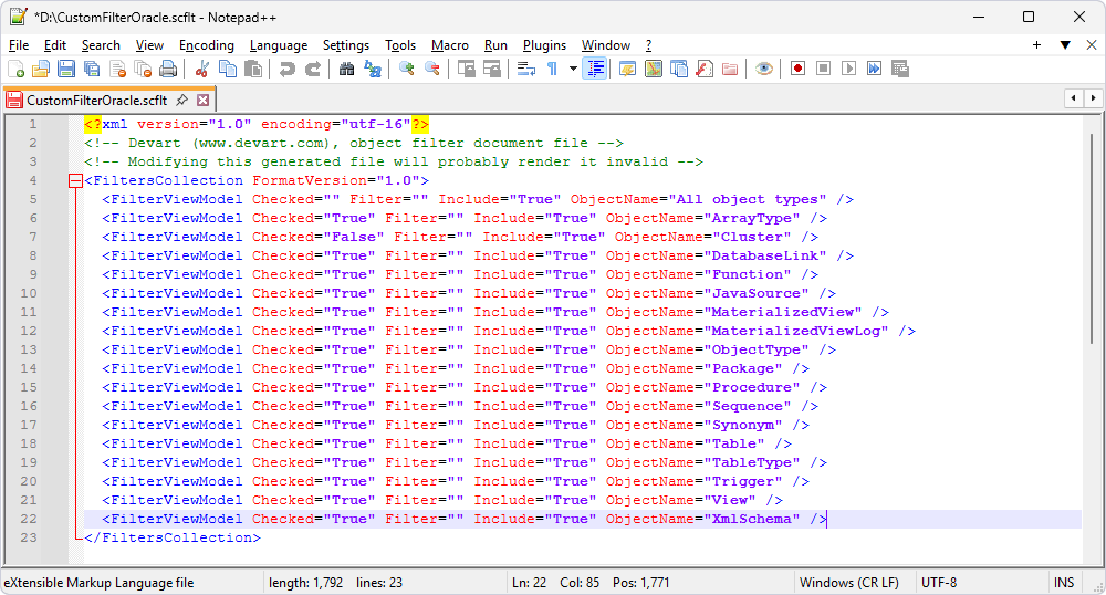 File with all object types, synchronization status, and associated filter rules