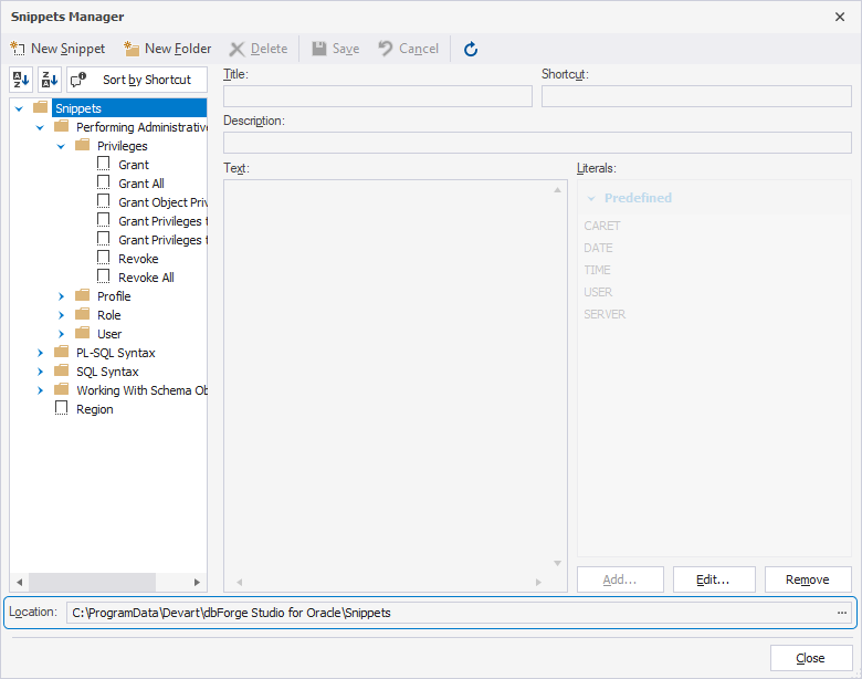 Select a folder in Snippets Manager