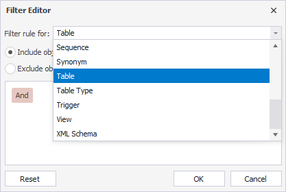 Available object types for which you want to create or update a filter