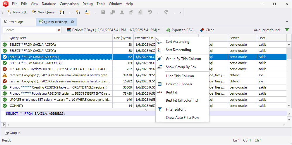 Query History - shortcut menu
