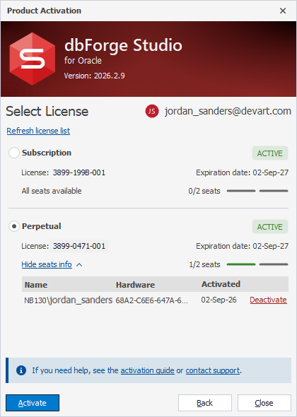 The Product Activation dialog - Multiple licenses