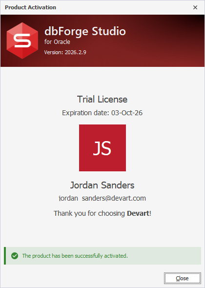 The Product Activation dialog - Successful activation of a trial license
